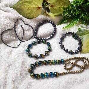 Handmade beaded bracelets, necklace, and metal hoop heart earrings